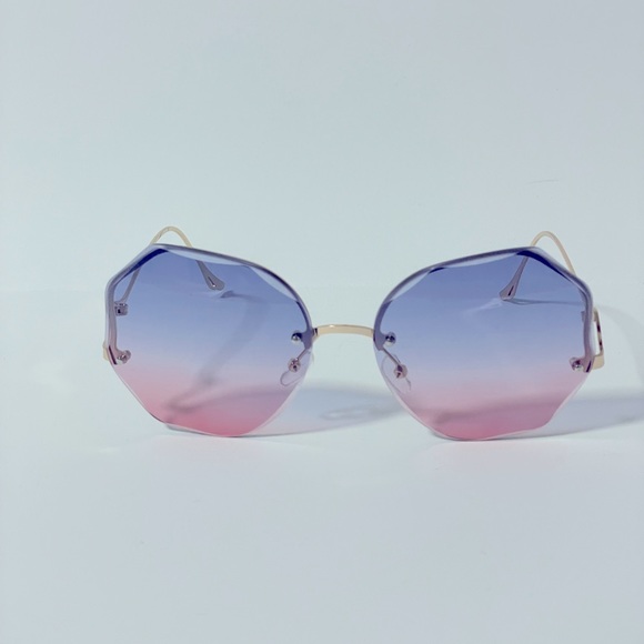1026-Gradient Zig Zag Round Rimless Sunglasses- Blue/Pink - Picture 4 of 6